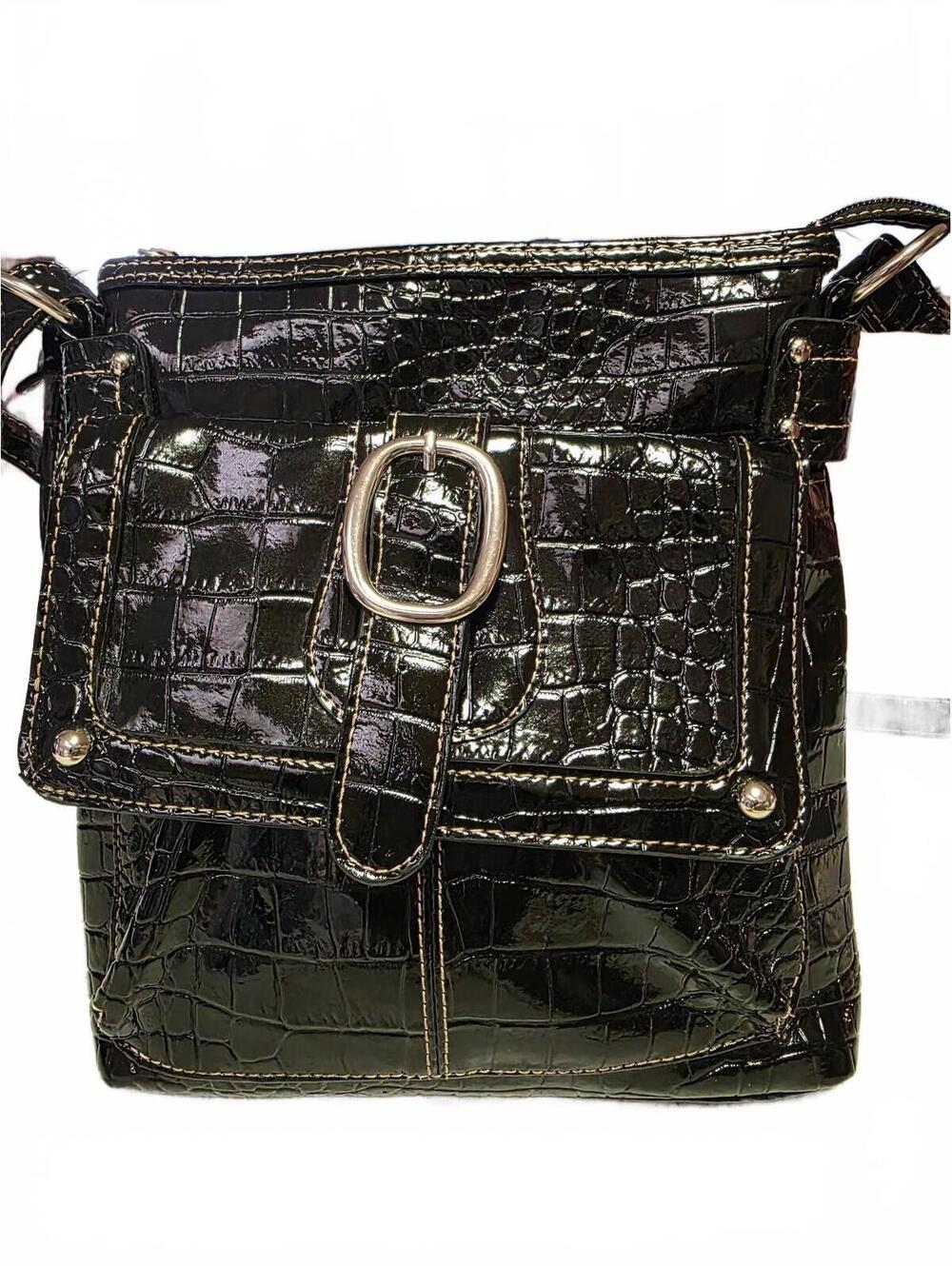 Mondani New York Faux Patent Leather Croc Crossbody Bag Black Buckle Y2K, goth